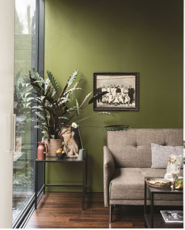A serene olive green living room olive green interior - eclectic interior design - Leeder Interiors