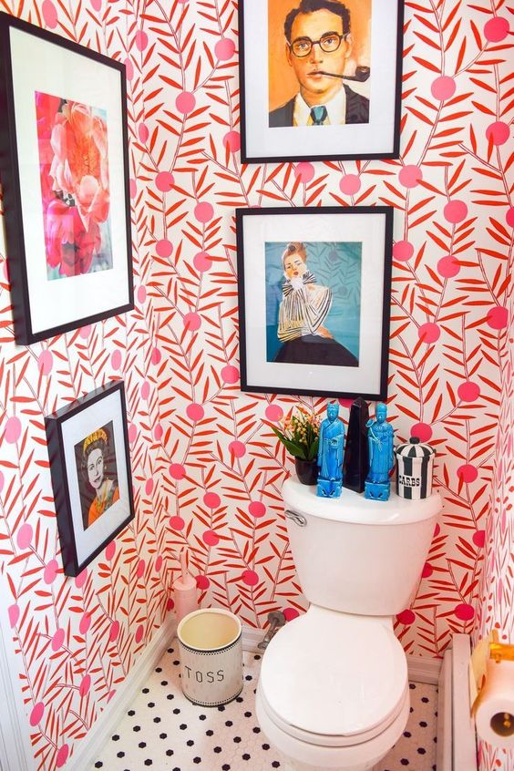 Image courtest of www.contemporary-decor-do.com Toilet with red and white wallpaper and polka dot floor - Eclectic Interior Design - Leeder Interiors