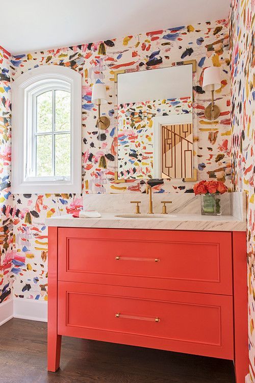 Image courtesy of www.houzz.com A bright colourful bathroom with wallpaper and coral vanity - colourful interior design Melbourne - Leeder Interiors