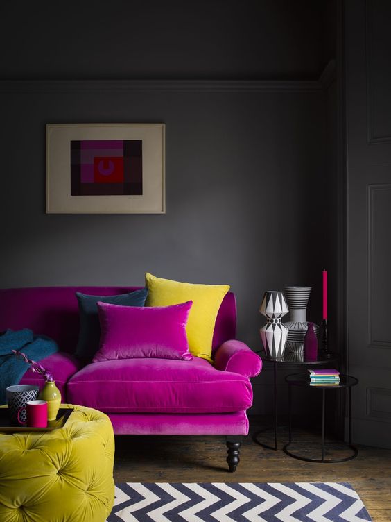 Image courtesy of www.livingetc.com A moody living room with a purple sofa - Interior Decorating Service - Leeder Interiors
