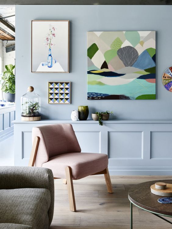 A pale blue modern living room Eclectic Interior Design - Leeder Interiors Melbourne