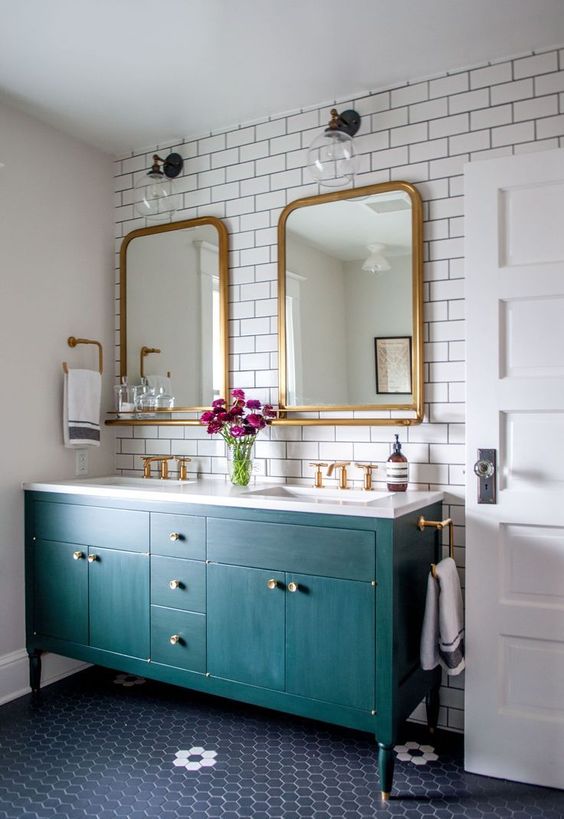 A classic bathroom with a teal vanity Colour of the moment...Teal. A classic bathroom with a teal vanity.